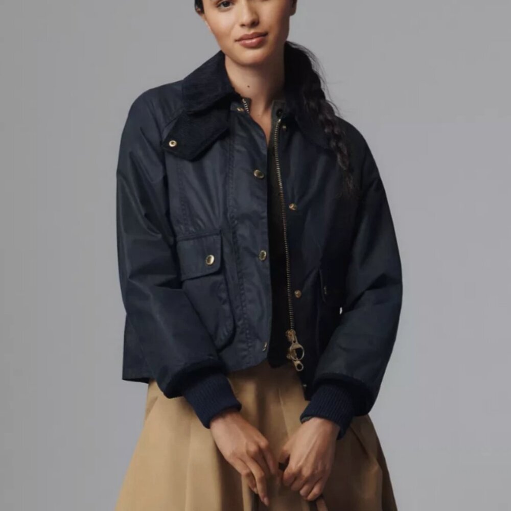 NAVY ~ Barbour Cropped Beadnell Ladies Wax Jacket MSRP$488 British Elegance - Picture 10 of 13